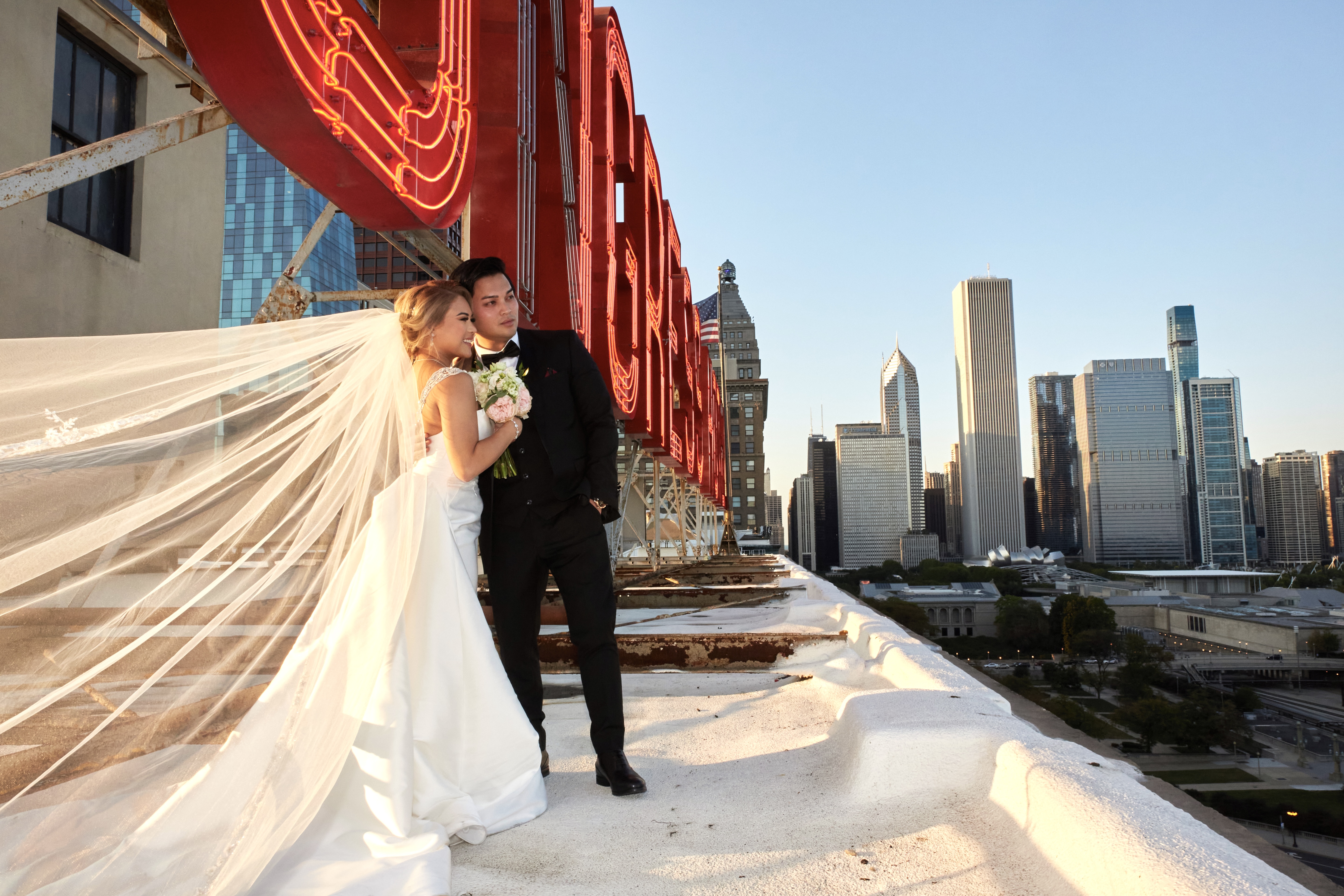 Bride and groom on roof of congress hotel